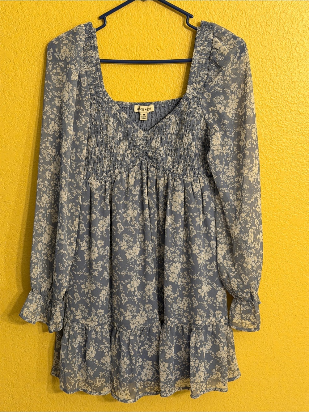 Blue Floral Smocked Long-Sleeve  Dress